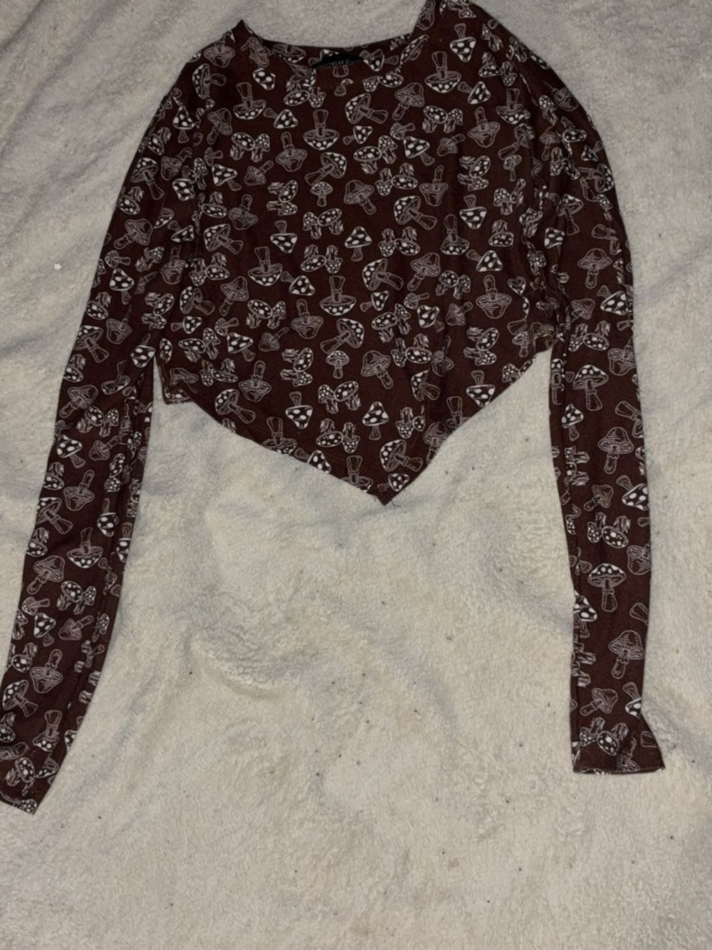 Streetwear Society Brown Mushroom Print Long Sleeve Crop Top